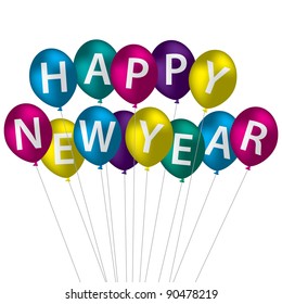 Multi-coloured Happy New Year balloon card in vector format.