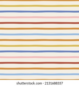 Multicoloured Irregular horizontal vertical stripes vector seamless pattern. Stripy geometric abstract background. Colourful parallel lines surface design for Scandinavian style nursery.