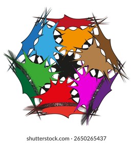 Multicoloured kaleidoscopic starwork. Interlocking barbed arms. Symmetric stellate Vector. Vibrant chromatic geometry.