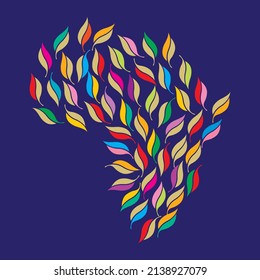 Multi-coloured leaf motifs arranged to form the shape of Africa. The idea is to create a dynamic, yet pleasing effect using the stylised leaves in the many colours found in African cultures and flags.