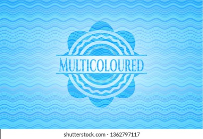 Multicoloured light blue water wave badge.
