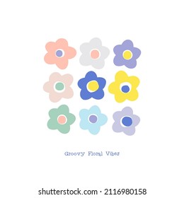Multicoloured Naive Floral Daisy vector illustration set isolated on white. Groovy Floral Vibes phrase. Flower power childish floret print for nursery and baby fashion.