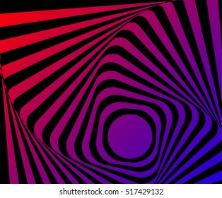 Multicoloured optical illusion. Vasarely optical effect. Multicoloured Twisted Stripes Background, torsion and rotation movement. Dynamic effect, striped background. One More Go-around motion illusion