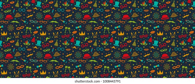 Multicoloured party background with funny icons - carnival, phot booth and birthday. Seamless texture. Vector. 