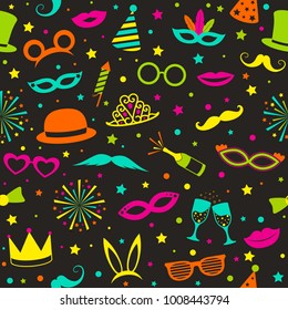 Multicoloured party background with funny icons - carnival, phot booth and birthday. Seamless texture. Vector. 