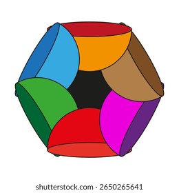 Multicoloured polygonal dome. Intricately concave surfaces. Geodesic tridimensional Vector. Vibrant chromatic structure.