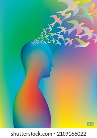 Un perfil multicolor de un hombre. Los pájaros están volando de su mente, como las ideas.