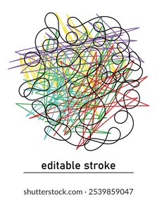 Rabiscos multicoloridos desenhados com linhas coloridas. Rabiscos abstratos intrincados. Linha desenhada à mão de estresse. Símbolos de depressão. Linhas sombreadas.