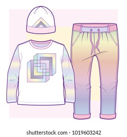 Multicoloured set of items for toddlers (Shirt with abstract geometric print, joggers with elasticised ribbing and hat)