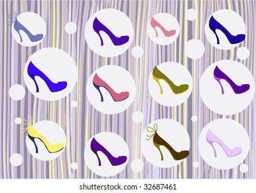 A lot of multi-coloured a shoe on a striped background with circles