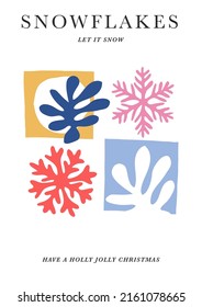 Multicoloured Snowflakes paper cutout shapes Winter wonderland vector illustration. Matisse inspired Xmas collage. Let it snow Holiday season Merry Christmas greeting postcard design.