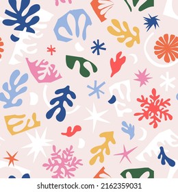Multicoloured Snowflakes Xmas tree branches Stars cutout shapes vector seamless pattern. Matisse inspired Winter wonderland background. Christmas New Year Holiday print for gift wrapping paper.