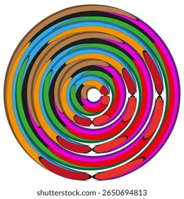 Multicoloured spiral circles. Concentric kaleidoscopic vortex. Hypnotic swirling Vector. Energetic chromatic rotation