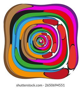Multicoloured squared vortex. Concentric psychedelic spiral. Playful labyrinthine Vector. Dynamic chromatic movement
