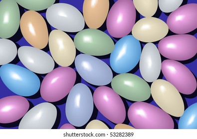 Multi-coloured sugar candies in the form of pebbles on a blue background