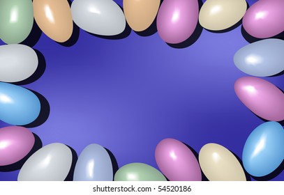 Multi-coloured sugar candies in the form of pebbles on a blue background. Vector framework