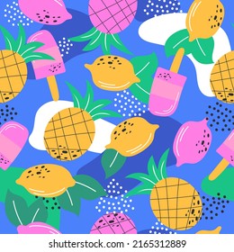 Multicoloured summer fruits seamless pattern for wallpaper in modern colors. Repeat fabric for clothes, bags. Lemon, ice cream, pineapple