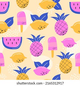 Multicoloured summer fruits seamless pattern for wallpaper, wrapping and textile. Modern colors. Lemon, ice cream, pineapple and watermelon