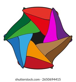 Multicolorido retorcido poliforme. Entrelaçamento das superfícies das fitas. Vetor tridimensional geométrico. Nó assimétrico dinâmico.