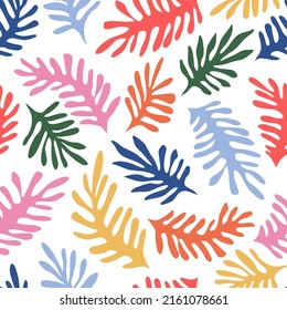 Multicoloured xmas tree branch paper cut Matisse style vector seamless pattern. Winter wonderland spruce tree background. Merry Christmas Happy New Year Holiday season print for gift wrapping paper.