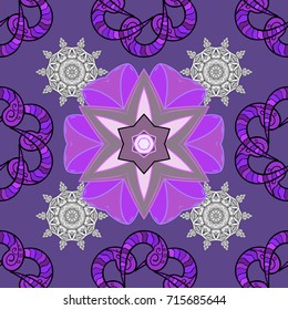 Multicoloviolet, black and neutral elegant little flowers and funny bugs on a violet, black and neutral background, vector texture, illustration.