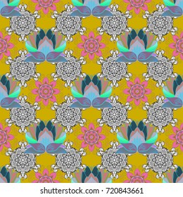 Multicoloyellow, white and blue elegant little flowers and funny bugs on a yellow, white and blue colors, vector texture, illustration.