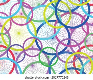 Multicolred vector seamless pattern with bike wheels, diffenrent colors