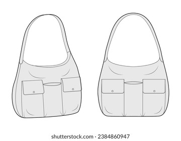 Multi-Compartment Bag with front pockets, hobo silhouette. Fashion accessory technical illustration. Vector satchel front 3-4 view for Men, women, unisex style, flat handbag CAD mockup sketch isolated