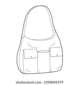 Multi-Compartment Bag with front pockets hobo silhouette. Fashion accessory technical illustration. Vector satchel front 3-4 view for Men, women style, flat handbag CAD mockup sketch outline isolated