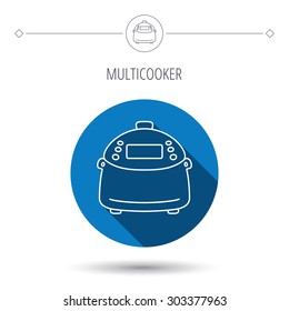 Multicooker icon. Kitchen electric device symbol. Blue flat circle button. Linear icon with shadow. Vector