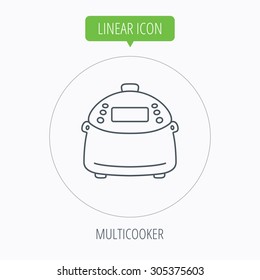 Multicooker icon. Kitchen electric device symbol. Linear outline circle button. Vector