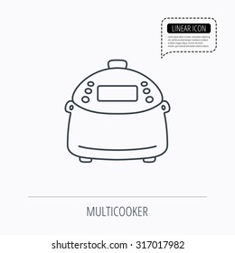 Multicooker icon. Kitchen electric device symbol. Linear outline icon. Speech bubble of dotted line. Vector