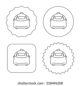 Multicooker icon. Kitchen electric device symbol. Flat circle, star and emblem buttons. Labels design. Vector