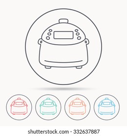 Multicooker icon. Kitchen electric device symbol. Linear circle icons.