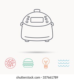 Multicooker icon. Kitchen electric device symbol. Global connect network, ocean wave and burger icons. Lightbulb lamp symbol.