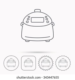 Multicooker icon. Kitchen electric device symbol. Linear circle, square and star buttons with icons.