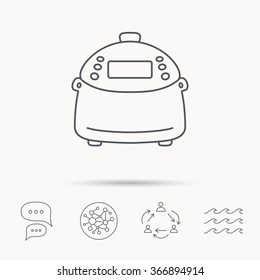 Multicooker icon. Kitchen electric device symbol. Global connect network, ocean wave and chat dialog icons. Teamwork symbol.