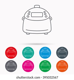 Multicooker icon. Kitchen electric device symbol. Linear icons in circles on white background.