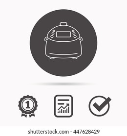 Multicooker icon. Kitchen electric device symbol. Report document, winner award and tick. Round circle button with icon. Vector