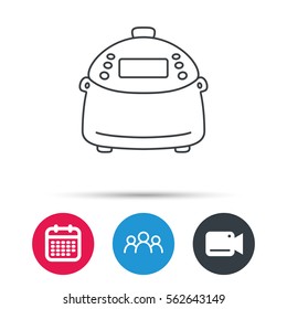Multicooker icon. Kitchen electric device symbol. Group of people, video cam and calendar icons. Vector