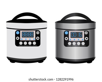 Multicooker - kitchen appliances for automatic cooking. Device with a timer, electronic panel and closed lid. Vector illustration isolated, two versions - in the style of flat and with a shiny surface