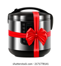 Multicooker with red ribbon and bow. 3D rendering. Gift concept. Realistic vector illustration isolated on white background