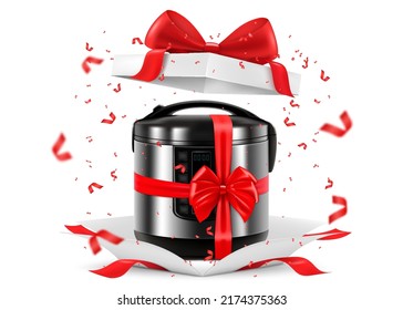 Multicooker with red ribbon and bow inside open gift box. Gift concept. Kitchen appliances. Isolated 3d vector illustration. 3D rendering.