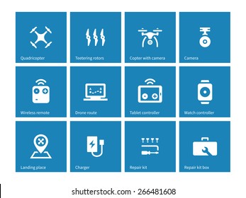 Multicopter drone icons on blue background. Vector illustration.