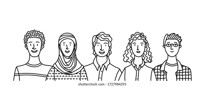 Multicultural adult men and women standing together. International community concept with diverse people outline vector illustration. Multiethnic group of people. Cultural and religion equality