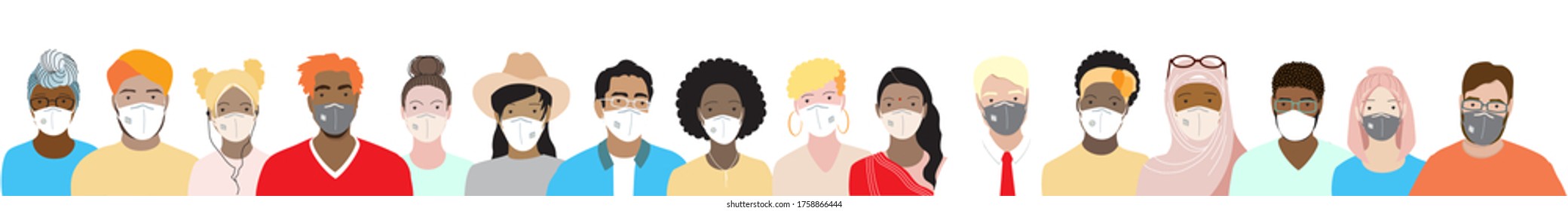 Multicultural Adult Men And Women Wearing Face Masks Standing Together In Row. International Community, Diverse People Vector Illustration. Multiethnic Group Of Students. Cultural, Religion Equality.