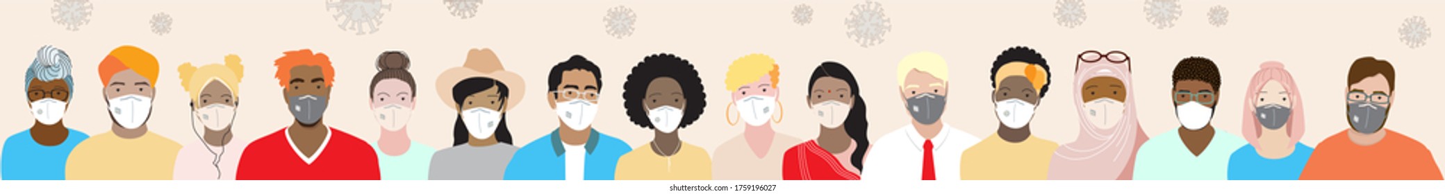 Multikulturelle erwachsene Männer und Frauen, die Gesichtsmasken tragen, die nebeneinander stehen. Internationale Gemeinschaft, verschiedene Menschen, Vektorgrafik. multiethnische Gruppe von Studenten. Kulturelle Gleichheit, Religionsgleichheit.