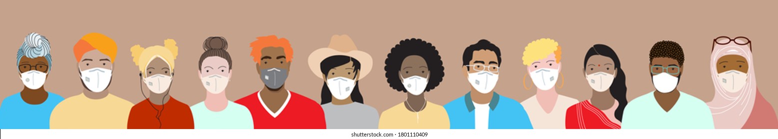 Multicultural adult men and women wearing medical face masks during coronavirus pandemic. International diverse people vector illustration. Multi ethnic group of students. Cultural, religion equality.