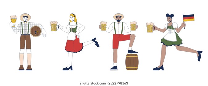 Multicultural adults celebrating oktoberfest 2D cartoon characters set. Young men and women enjoying beer feast isolated people flat vector on white background. Spot illustrations collection