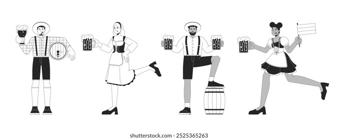 Multikulturelle Erwachsene, die das Oktoberfest mit schwarz-weißen 2D-Linien feiern. Junge Männer und Frauen genießen Bierfest einzelne Vektorgrafik Menschen. Schwarzweiß-Spot-Illustrationen